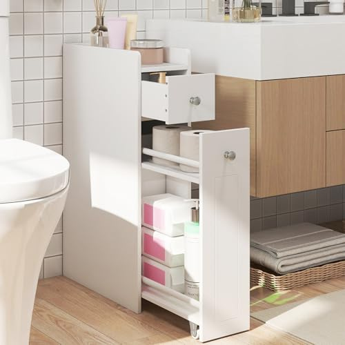 COSTWAY Petit Meuble Salle de Bain, Meuble Rangement WC 4 Niveaux, Tiroirs Coulissants sur roulettes, Armoire de Toilette avec Tiroir, pour Papier Toilette, Petit Espace, 40 x 18 x 70 cm (Blanc)
