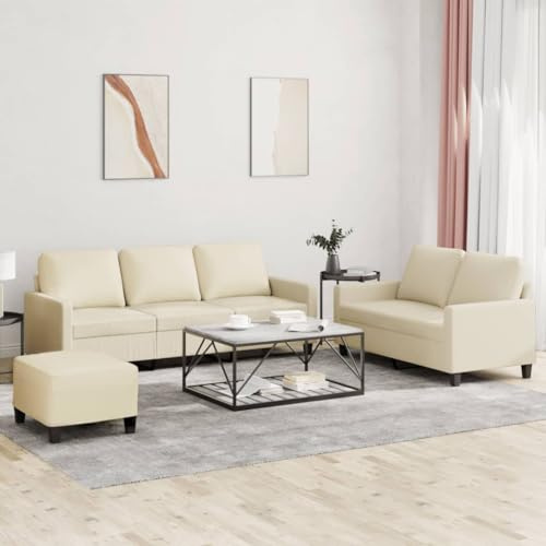Fangmaliuyun 3-TLG. Sofagarnitur Creme Kunstleder 138 cm Zweisitzer & 198 cm Dreisitzer mit Hocker Modernes Wohnzimmer Couch Set Bequem & Robust für Living Room Schlafsofa Ersatz Sitzbank