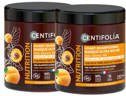 Centifolia Masque Avant Shampooing Ultra Riche Nutrition Bio 250ml – Lot de 2 | Cheveux Très Secs, Bouclés & Frisés | Nourrit & Répare Intensément | Huile d’Abricot & Buriti BIO | Fabriqué en France