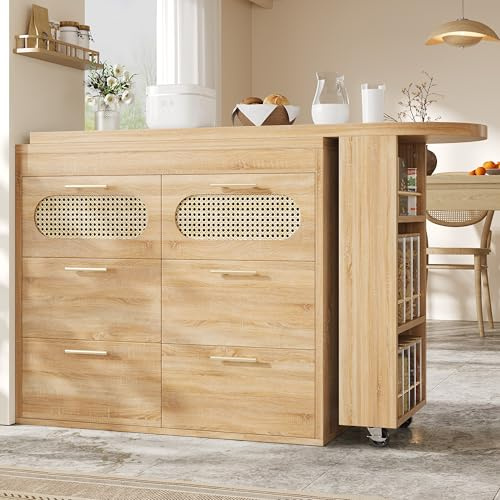 LinoraFurn Bartisch mit 6 Schubladen & PE Rattan Türen, 360° drehbarer Stehtisch mit Kippsicherung, viel Stauraum, Metallgriffe, Bistrotisch für Wohnzimmer, Küche, Esszimmer, Arbeitsbereich
