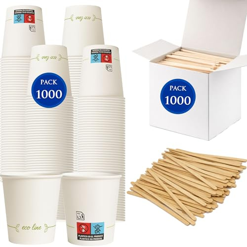 Traineando Vasos café desechables -1000 und. - 7 oz / 200 ml - Vasos de cartón reciclables para café caliente – Resistentes y aptos para bebidas calientes o frías – (Blanco + Agitador, 1000 unidades)