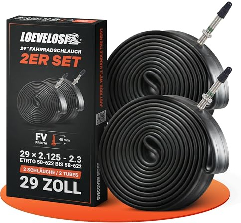 LOEVELOSI 2 tubi flessibili per bicicletta, 29 pollici, con valvola Sclaverand nera, 40 mm, valvola francese, valvola FV Presta, ETRTO 50/58-622, set da 2 tubi 29 × 2.125 – 2.3 City Bike eBike MTB