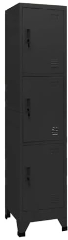 HETFTJN Schließfachschrank Metall Schwarz 38x45x180 cm - 3 Fächer Spind mit Lüftungsschlitzen & Namensschildhalter - Stabiler Wertfachschrank aus Stahl für Büro und Schule