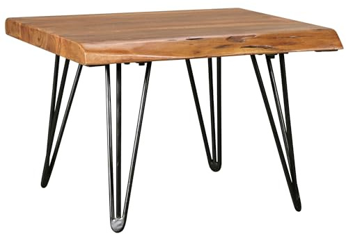 FineBuy Design Couchtisch Massivholz Tisch Baumkante 56 x 38 x 51 cm, Sheesham Holztisch mit Metallbeinen, Wohnzimmertisch im rustikalen Landhausstil Braun