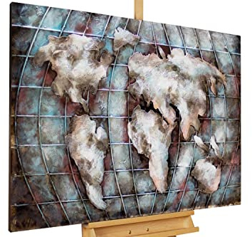 KunstLoft Metallbild 3D | 100% HANDGEFERTIGT | 100x70x5cm | Wandbild Metall Deko 'Mundo magnífico' | Weltkarte | Blau Grau | Metall Wanddeko Wohnzimmer