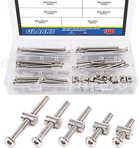 Glarks 100Pcs M6 x 35/45/55/65/75mm Hex Drive Socket Cap Furniture Barrel Screws Bolt Nuts Assortment Kit for Furniture, Cots, Babybeds, Crib, Chairs - Nickel Plated