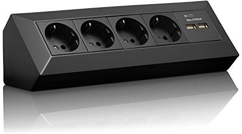 Multiprise d'angle Schuko, USB, pour cuisine, bureau, atelier, idéal pour le plan de travail de cuisine, prise en saillie ou sous plan de travail, sans câble, en plastique, noire