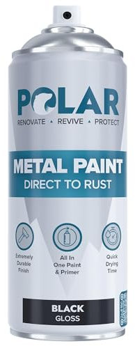 Polar Direct to Rust Gloss Black Metal Spray Paint - 400ml - Perfect for Metal, Wood, Furniture, Rust - Outdoor & Indoor Surfaces - Easy to Apply - 3 in 1 Primer, Undercoat & Topcoat