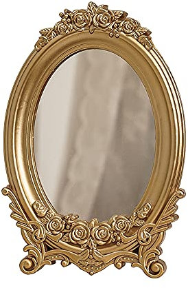 GISELA D Espejo de maquillaje dorado tallado vintage hermoso escritorio decorativo espejo cosmético ovalado para habitación tocador mesa escritorio (No.1)