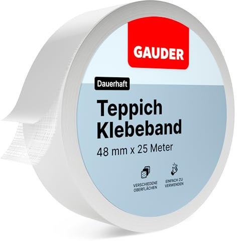 GAUDER Teppichklebeband doppelseitig extra stark - Teppichkleber für Bodenbeläge, Teppiche & Treppen - Klebepads, Fixierung & Verlegeband (25 m x 48 mm)