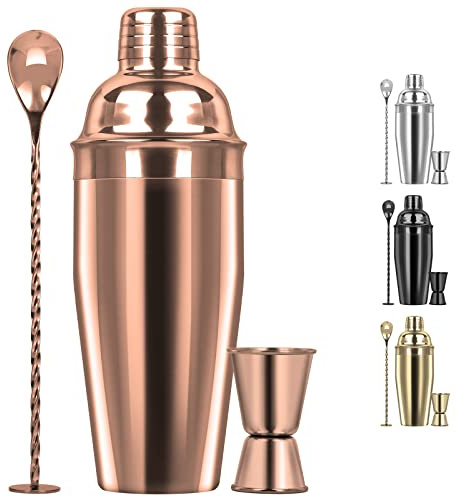 Large 24oz Cocktail Shaker Set, Stainless Steel 18/8 Martini Mixer Shaker with Built-in Strainer, Measuring Jigger & Mixing Spoon, Martini Shaker Set, Perfect for Bartender and Home Use, Rose Gold