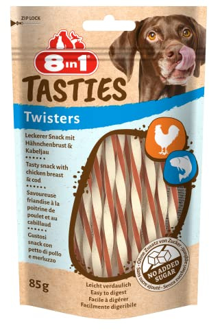 8in1 Tasties Twisters - Snack da masticare senza glutine con merluzzo e petto di pollo, 85