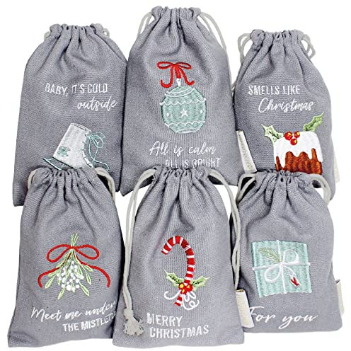 Papierdrachen Geschenkverpackung Weihnachten 2025 - Stoffbeutel 6er Set - 13×18 cm - grau - mit Stickerei - wiederverwendbar zum Befüllen
