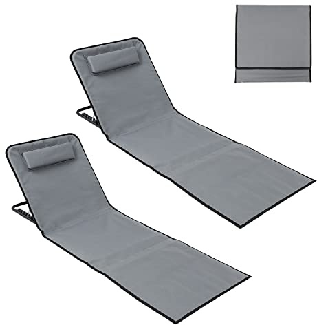 Tubiaz 2er Set Strandmatte mit Rückenlehne,Klappbar Strandstuhl 5-stufige Verstellbar,Tragbar Strandliege mit Kopfkissen-Grau