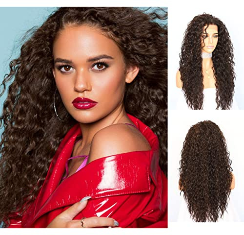 Sapphirewigs, Parrucca riccia per donne con attaccatura frontale in tulle da 33 x 6 cm, capelli sintetici, per l'uso quotidiano, resistente al calore, lunghezza: 61 cm, colore castano con mèches