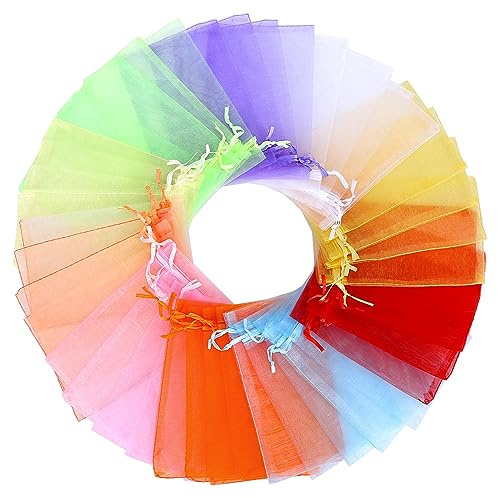 Angooni 200 Stück Bunte Organzasäckchen mit Kordelzug 10 x 15 cm | Hochzeit Organzabeutel Geschenkbeutel Säckli Bonbonsbeutel Schmuckbeutel