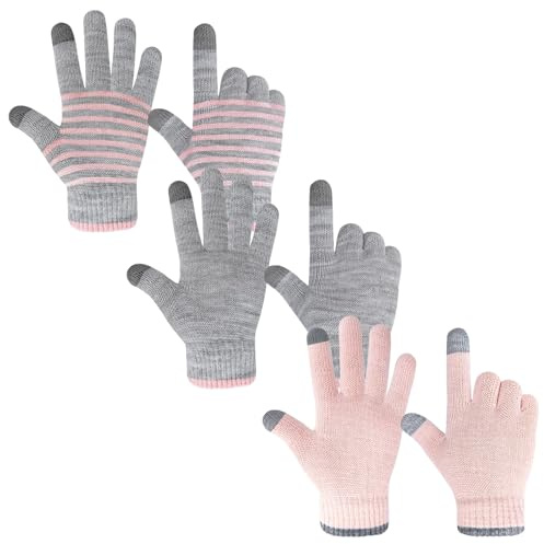 Migliore Wear Magic barnhandskar med 2 pekskärmsfingrar, vinter barnhandskar, varma stickade handskar, helfingrar magiska handskar för pojkar flickor, Ränder och rosa och grå, 6-8J