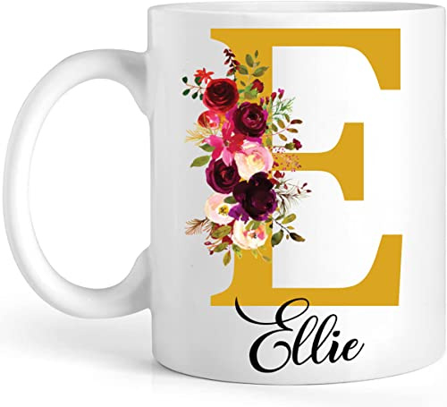 EKAM Personalised Floral Mug Stylish Initial with Name, Customised Gift for Valentine’s Day, Birthday, Christmas Day for Mom, Dad, Kids, Friends or Girls, 11oz Ceramic Coffee/Tea Cup (Gold)