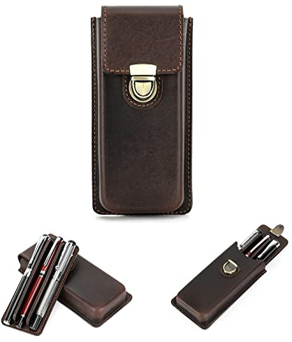 Hiram Federmäppchen aus Lederaus Leder für 3 Füllfederhalter Tragbar Echtes Leder Aufbewahrungsetui für Füllfederhalter mit Gesichertem Messingverschluss und Stiftablage-Design (Kaffee)