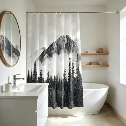 YISURE Duschvorhang badewanne Wald Berg Natur Landschaft für Badezimmer | Textil Wasserabweisend Badvorhang Nebelwald aus Polyester waschbar mit 12 Metallösen, Breite 180 x Höhe 180cm