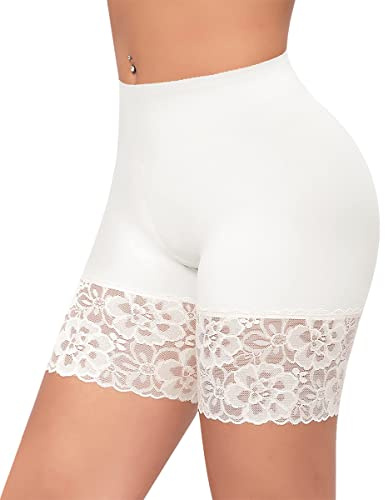 Minetom Panty Anti Frottement Cuisse Femme Invisible Short sous Robe Dentelle Garniture Boxer Shorty Confortable Legging Court sans Couture Shorty B1 Blanc M