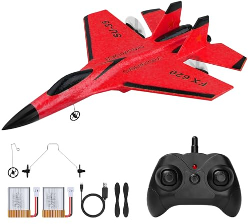 Henakmsl Avión Teledirigido, SU35 Avión RC Juguete con Luces de Colores, Avión Juguete Fácil de Aprender, 2.4GHz 2 Canales FX620 Avión RTF para Principiantes Niños Adultos, Rojo