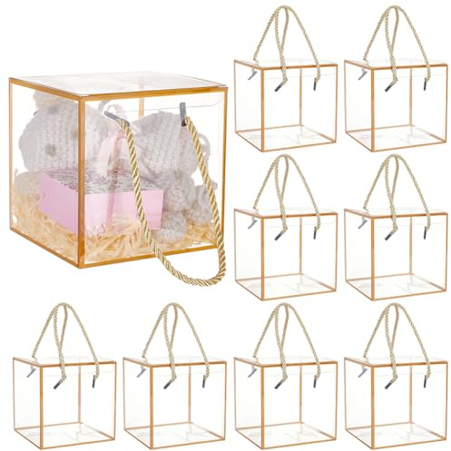 BENECREAT 10 Set Transparente Geschenkboxen, 12x12x12 cm Große Leckerli-Geschenkboxen Mit Goldrute-Randspitze Und Griff Für Schmuck Speicher Display, Hochzeit, Valentinstag