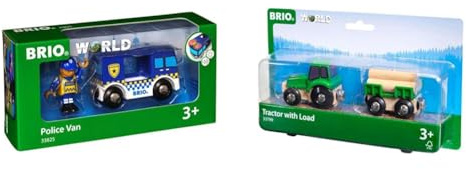 BRIO Bahn 33825 - Polizeiwagen mit Licht und Sound & Bahn 33799 - Traktor mit Holz-Anhänger