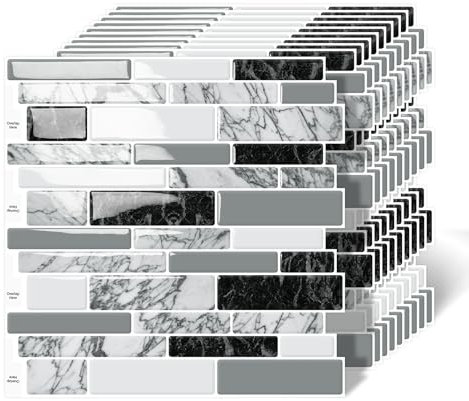 MOONFUN 10 Stück Klebefliesen Wandfliesen Fliesen,30,5 x 30,5cm Grau Schwarz Selbstklebend Fliesenaufkleber für Küche,Bad