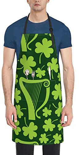 Unisex-Latzschürze mit 2 Taschen, grüne irische Harfen, Kleeblätter, Küche, Kochen, Koch, Schürzen für Grillen, Backen, Gartenarbeit, Schwarz , One size