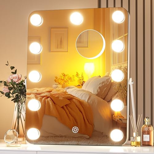 Hasipu Hollywood Kosmetikspiegel mit Lichtern, 27 x 35cm, LED-Make-up-Spiegel, 3 Modi, Licht, Smart-Touch-Steuerung, dimmbar, 360 ° drehbar, Abgerundeter rechteckiger weißer Rahmen, mit 5-facher