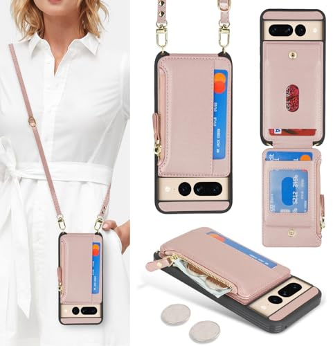 SailorTech Handyhülle für Google Pixel 7 Pro Mit Kartenfach, Verstellbarer Halskette, Reißverschluss Und Geldbörse - Roségold