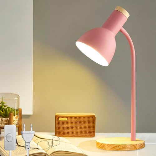 Leikurvo Schreibtischlampe Kinder, Tischlampe LED Leselampe E27 Socket Einstellbare, Flexibles Arm, Holz Schreibtischlampe Nachttischlampe für Lesen, Lernen, Schlafzimmer, Wohnzimmer(rosa)