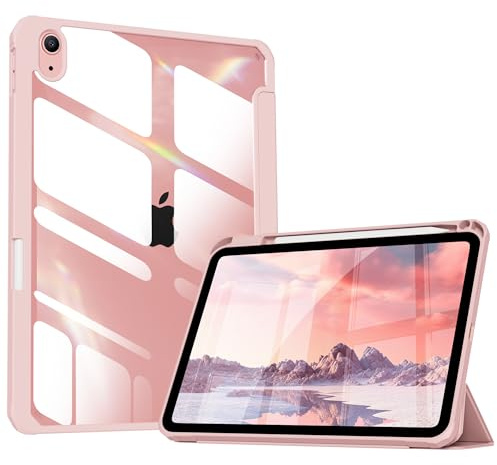 KVTVOU Fodral för iPad A16 11. Generation/iPad 10. Generation 2025/2022 (11/10,9 tum) med pennhållare, transparent PC-baksida, stötsäker och lätt, automatisk vaken/sömn, rosa