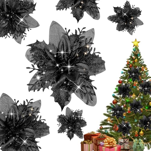 Fantasyon Glitzer-Weihnachtsblumen mit künstlichem Weihnachtsstern, Weihnachtsbaum-Blumen-Dekorationen, Weihnachtsbaumschmuck, Hochzeitsdekorationen (schwarz, 15 cm), 20 Stück