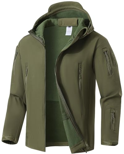 WINKEEY Chaqueta Softshell Hombre Invierno Senderismo al aire Libre Repelente al Agua Camo Chaqueta Táctica Forro Polar a Prueba de Viento Chaqueta de Caza Caliente para los Hombres,Verde M