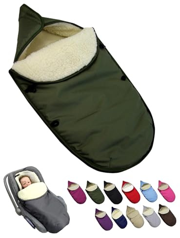 BambiniWelt - Saco de invierno para capazo y asiento de coche infantil, universal, para sistemas de arnés de 3 y 5 puntos, grupo 0+, lana de cordero, lavable, cálido y cómodo para viajar, color verde