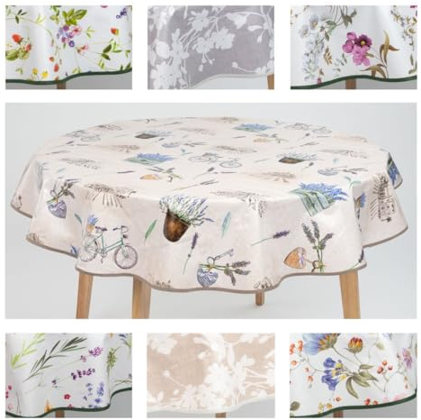 laro 140cm runde Wachstuch Tischdecke abwaschbar Wachstuchtischdecke mit Saum-Eingefasst-Paspelband, Muster:Lavendel Blau Weiß, Größe: Rund 140cm