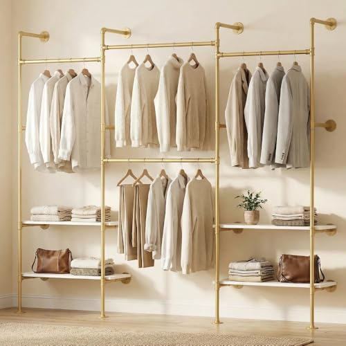 DABILONGC Industrial Pipe Clothes Rack,Wall Mounted Closet Wardrobe Rack, Corner L Shaped Walk-in Closet System, 2 Installation Methods,Gold