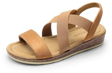 DREAM PAIRS damsandaler med låg kilklack, elegant, för sommaren, bekväma, avslappnade tofflor, platta sandaler för promenader på semestern, kamel, 38.5 EU