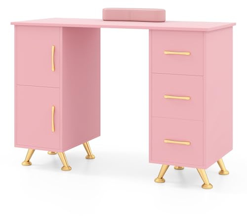 COSTWAY manikyrbord med lådor, skåp och handledsstöd, nagelbord med acetonbeständig bordsskiva, manikyrbord (rosa)