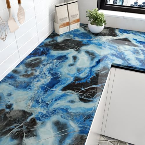 HotDecor Tapete Blau/Schwarz/Weiß Klebefolie Marmoroptik Folie Arbeitsplatte Küche Wand Tapeten Badezimmer Wohnzimmer Klebefolie Möbel Möbelfolie Küchenfolie Selbstklebend Marmor Folie 60 x 300cm