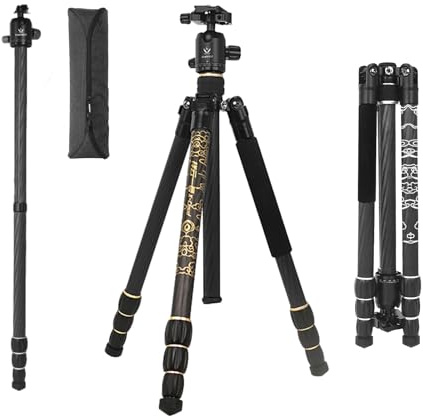 XAMOREST Carbon Fiber Tripod for Camera with 360° Panorama Ball Head, 1/4 Arca QR Plate, Portable Bag, Compact Travel Tripod Monopod for DSLR Video Camcorder (Golden)