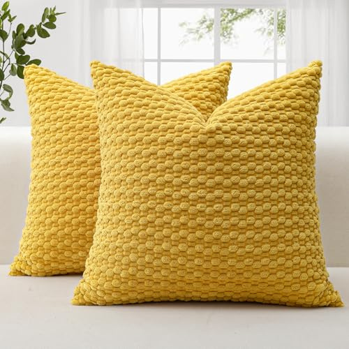 JOTOM 2er Set Cord Kissenbezüge, 3D Bubble Texture Boho Zierkissenbezug Dekorative Sofakissen Dekokissen Kordsamt Kissenbezug Deko Kissenhülle für Couch Sofa Wohnzimmer (60x60cm, Senf Gelb)