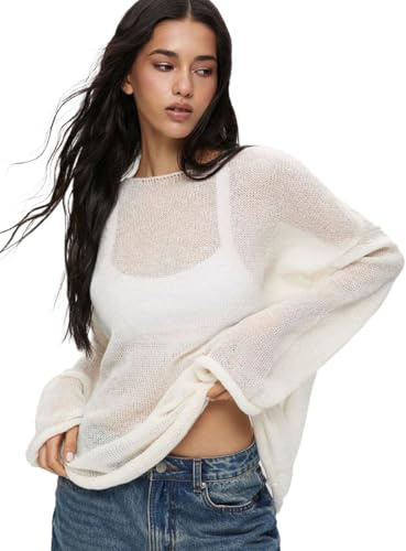 Nutria Pull au crochet pour femme - Col rond - Manches longues - Pull en tricot surdimensionné - Crochet Cover Up Mesh Hollow Out - Haut Lechit décontracté - Streetwear - Épaules dénudées