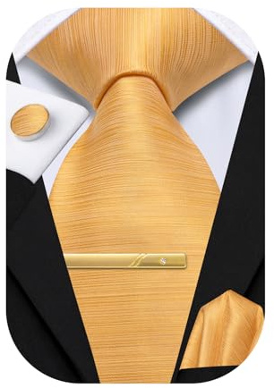 Hi-Tie Herren-Krawatte und Einstecktuch, goldfarben, Manschettenknöpfe, formelle gewebte Seide, Krawatten-Set, Hochzeit, Party, gelb, M
