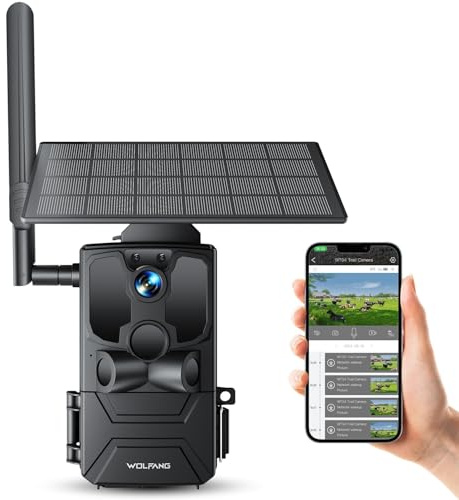 WOLFANG 4G Caméra de Chasse Solaire Extérieure avec Carte SIM, 2.5K Caméra Surveillance sur Batterie avec Détecter l'alarme, Vision Nocturne, IP66 Etanche, Audio Bidirectionnel, Noir