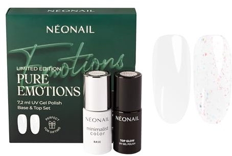 NÉONAIL UV Nagellack Set - Gel Nägel Set PURE EMOTIONS - Base Coat & Top Coat – Nail Art - Beauty - Minimalist Color Base Snow Tone 7,2 ml & Top Glow Shiny Flakes 7,2 ml