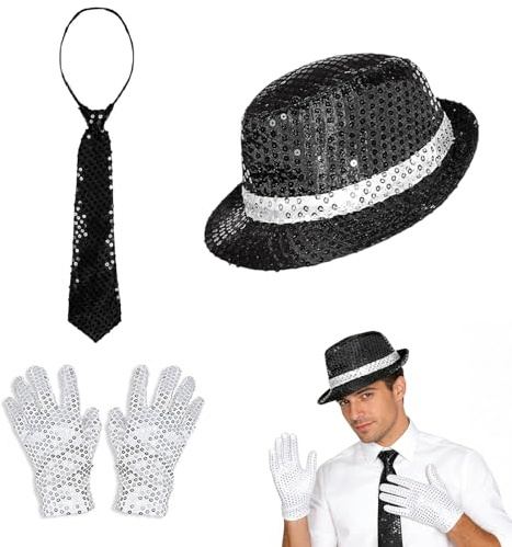 Set di Accessori per Costume Rocker Star Anni '80, Cappello Jazz con Paillettes, Guanti e Occhiali da Sole con Montatura Argentata, Perfetto per Feste a Tema, Carnevale, Feste di Compleanno
