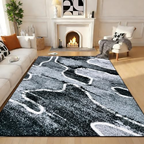 Alishomtll Teppich Wohnzimmer 140x200cm, Kurzflor Schlafzimmer Anti-Rutsch Waschbar Teppich, Moderne Geometrische Linien Pflegeleicht Weicher Langlebig Groß Rechteckig Rugs, Grau Schwarz